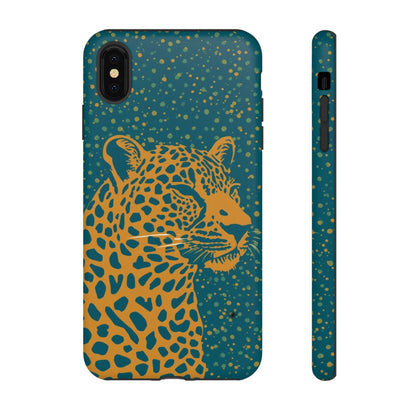 Leopard Print Tough Phone Case — Gold Panther on Teal, Protective iPhone Cover