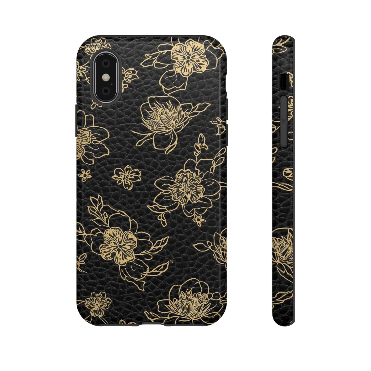 Floral Leather Phone Case — Gold Outline Flowers on Black Tough Case