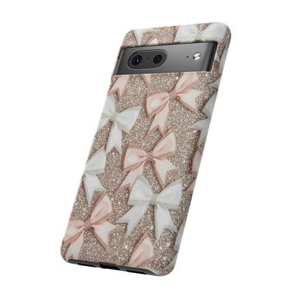 Glitter Bow Tough Phone Case — Pink & White Ribbon Protective Cover