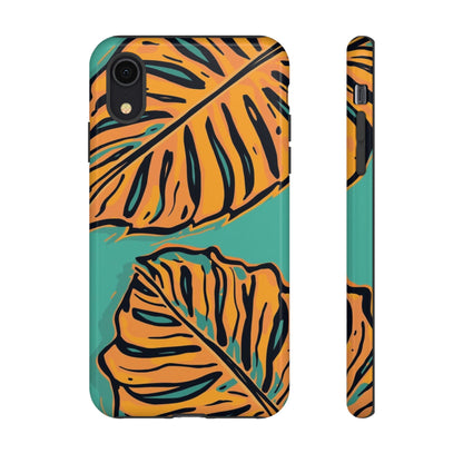 Tropical Leaf Tough Phone Case — Orange Monstera Design on Teal