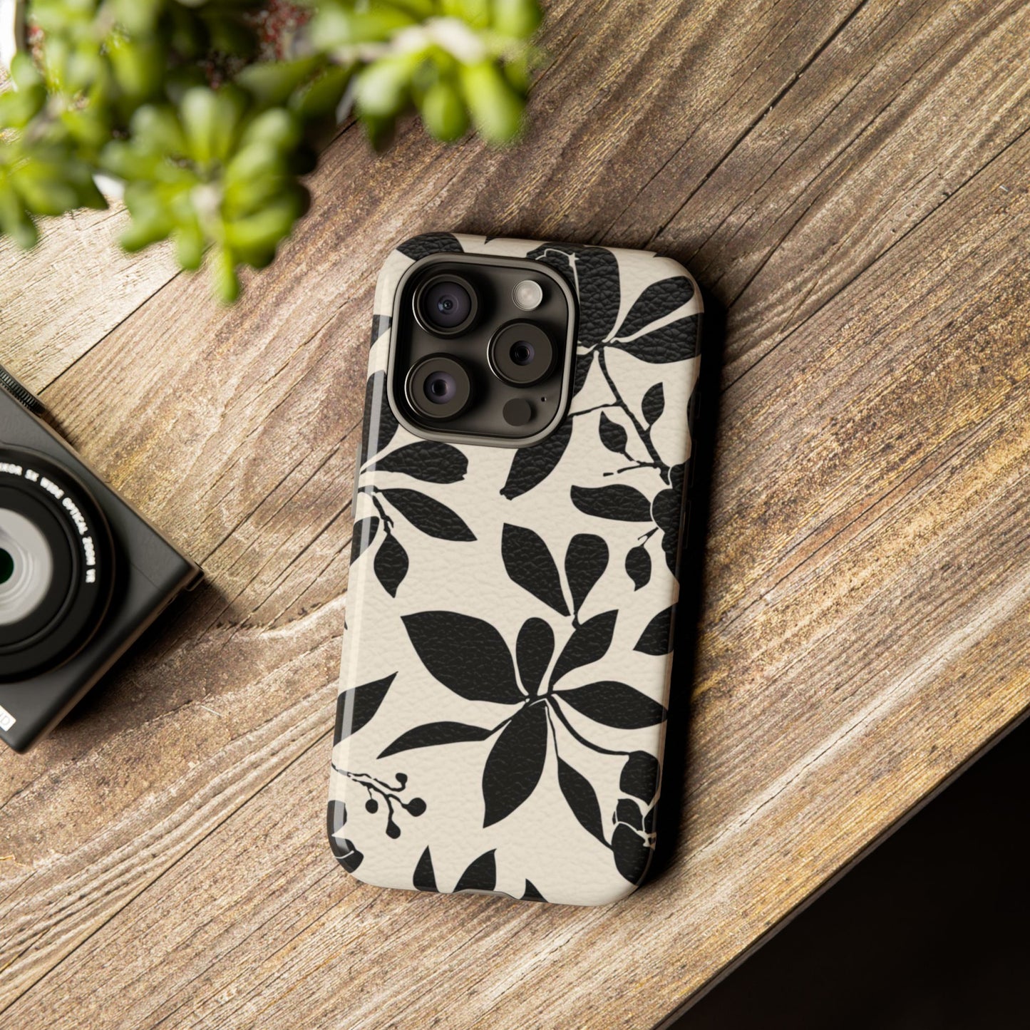 Black Floral Pattern Phone Case — Monochrome Botanical Tough Case