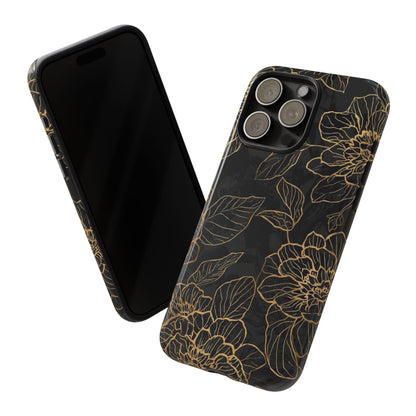 Floral Gold Outline Tough Phone Case – Black Botanical Protective Cover