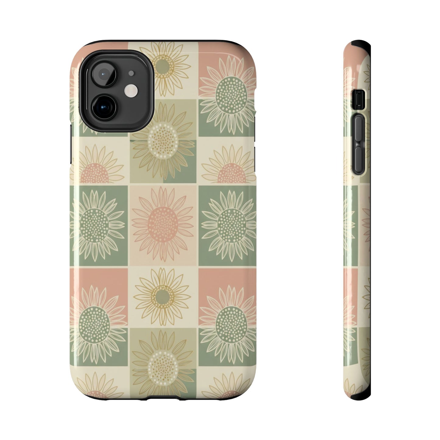 Sunflower Check iPhone Tough Phone Case — Retro Pastel Floral Protective Cover