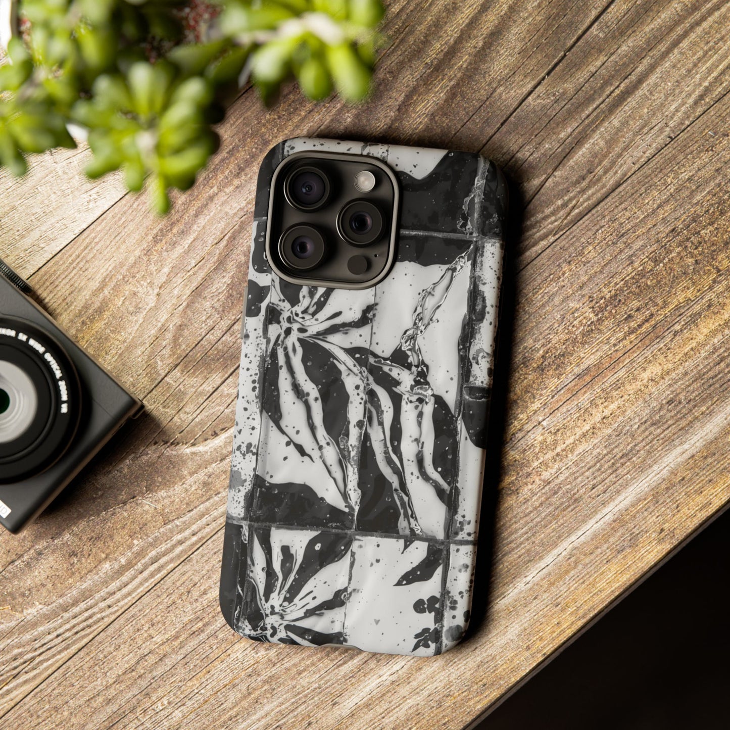 Monochrome Tile Floral Tough Phone Case