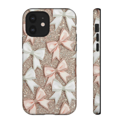 Glitter Bow Tough Phone Case — Pink & White Ribbon Protective Cover