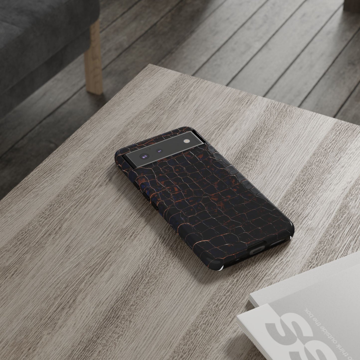 Croc-Embossed Tough Phone Case — Shockproof Black Alligator Texture