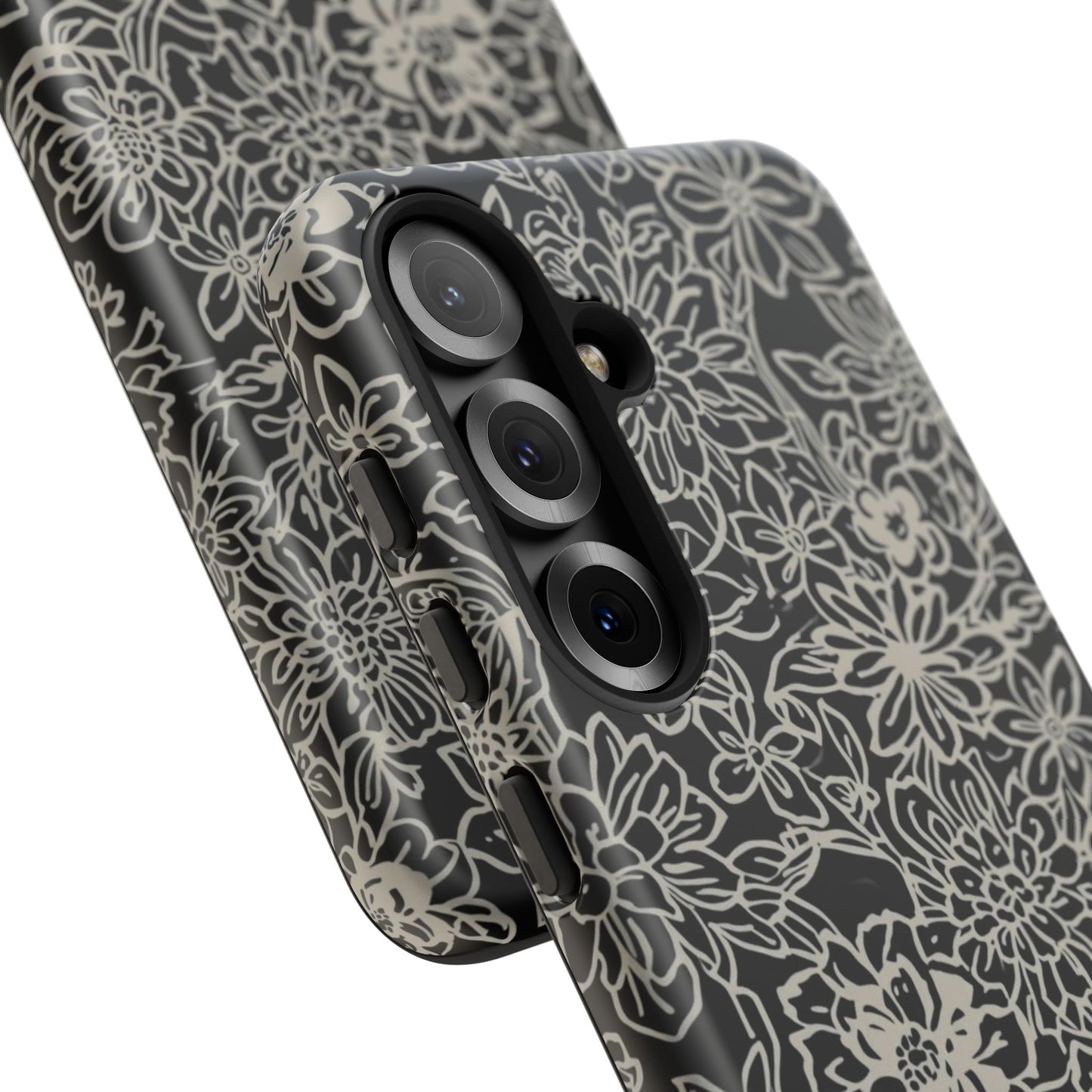 Floral Doodle Tough Phone Case — Black & White Sketch Flower Protective Cover