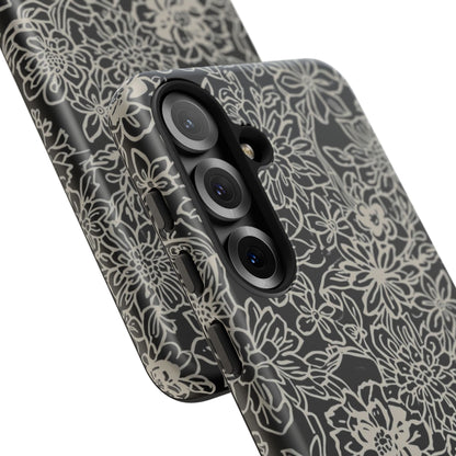 Floral Doodle Tough Phone Case — Black & White Sketch Flower Protective Cover