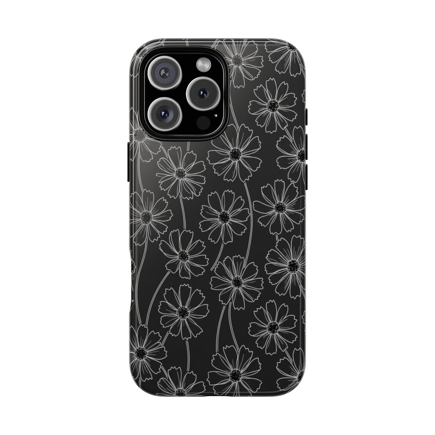 Floral Doodle Tough Phone Case — Black & Gray Daisy Pattern