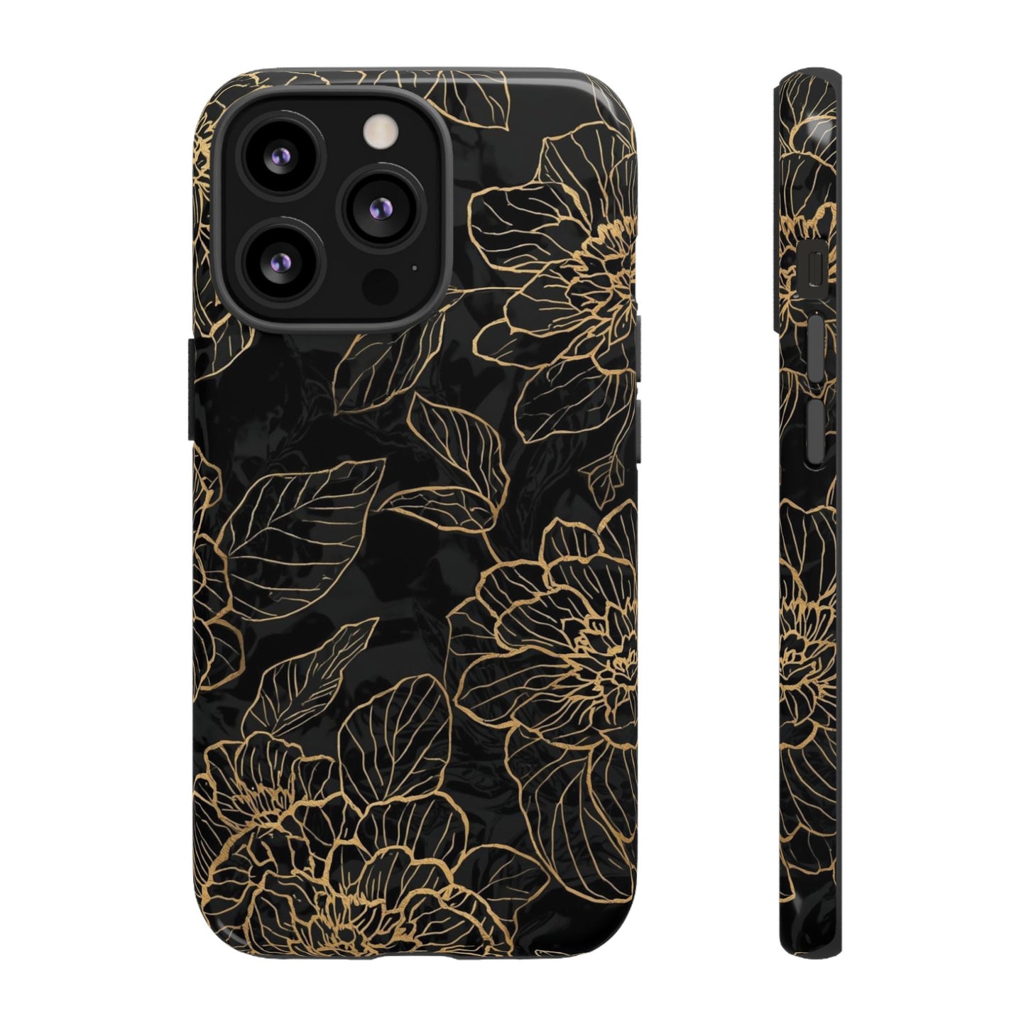 Floral Gold Outline Tough Phone Case – Black Botanical Protective Cover