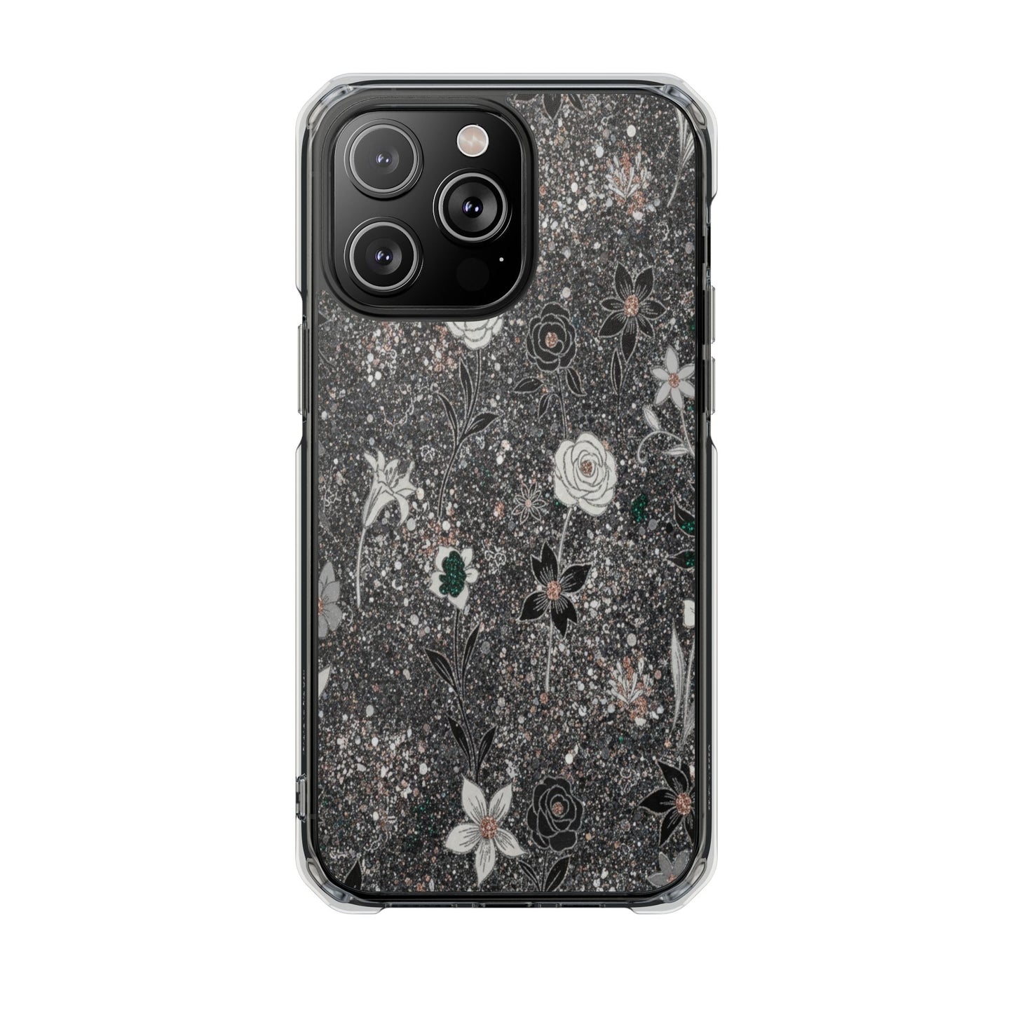 Clear Floral Glitter Magnetic Phone Case — Protective Impact Case with Rose & Daisy Design
