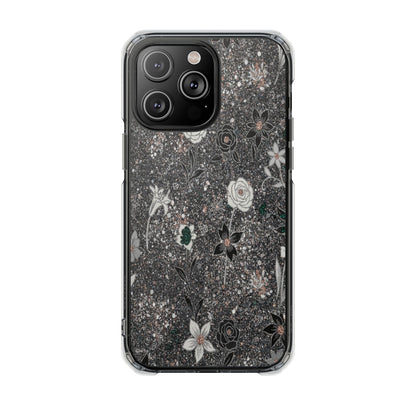 Clear Floral Glitter Magnetic Phone Case — Protective Impact Case with Rose & Daisy Design