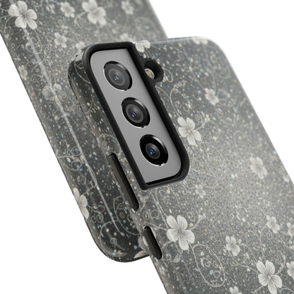 Floral Sparkle Tough Phone Case — Black & Silver Vintage Blossom