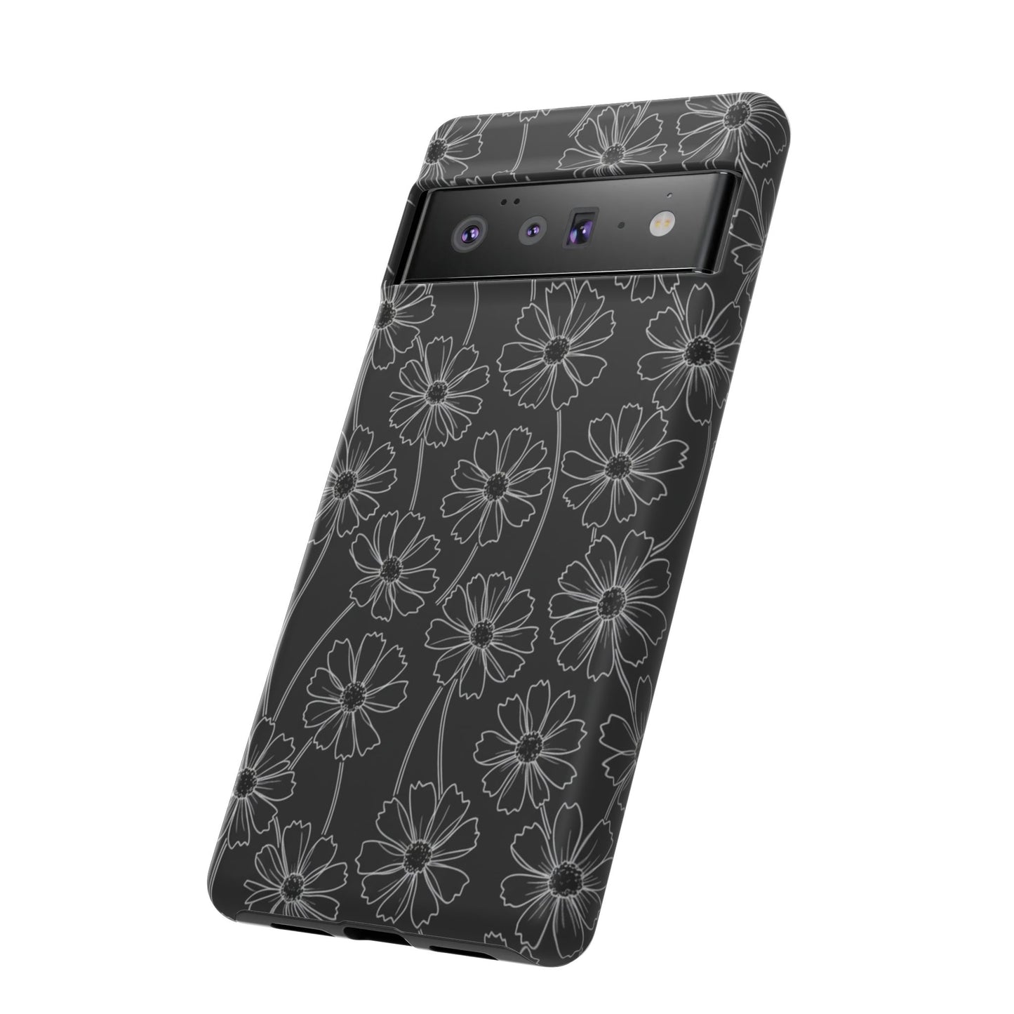 Floral Doodle Tough Phone Case — Black & Gray Daisy Pattern