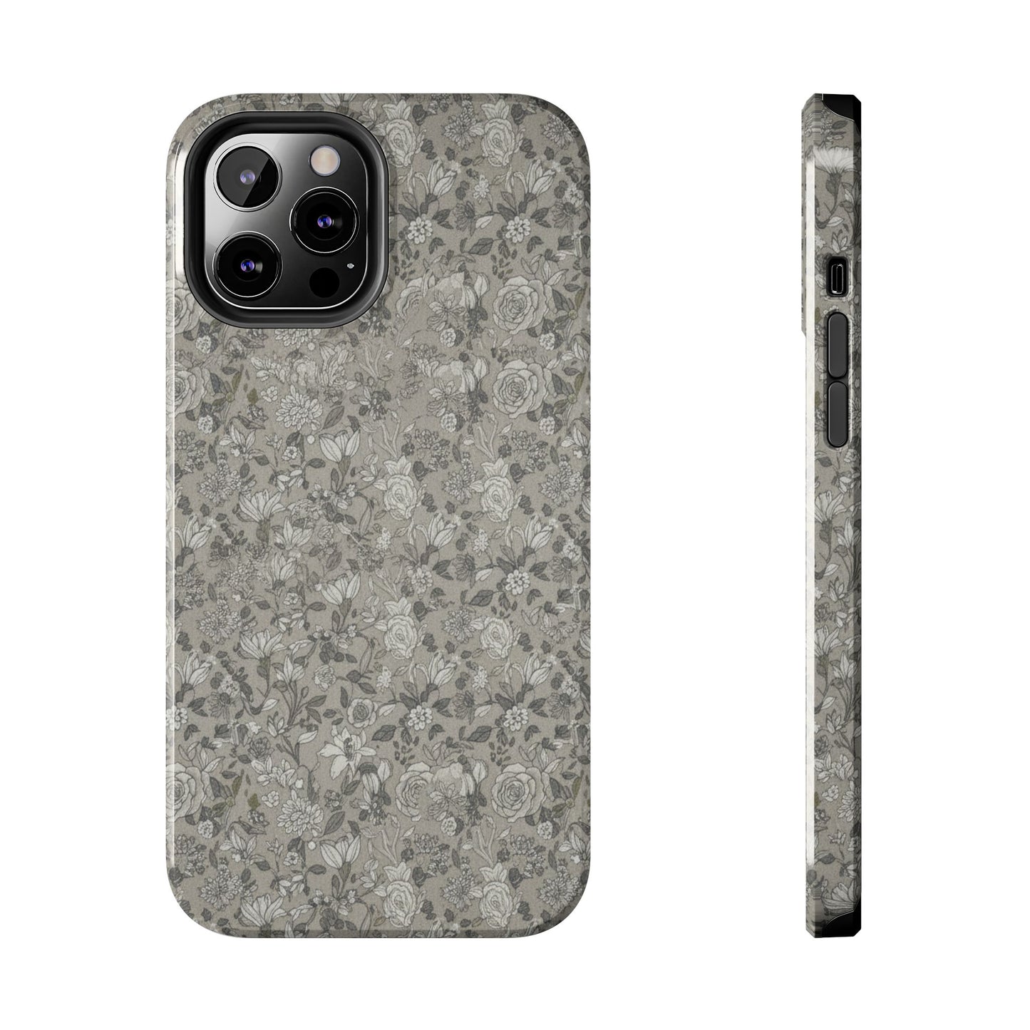 Gray Floral Tough Phone Case — Durable Protective Phone Cover with Vintage Botanical Pattern