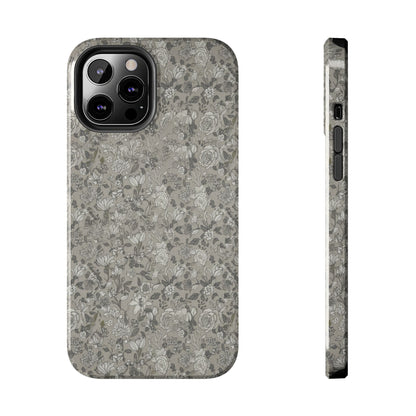 Gray Floral Tough Phone Case — Durable Protective Phone Cover with Vintage Botanical Pattern
