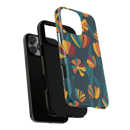 Floral Retro Teal Tough Phone Case — Vibrant Orange & Mustard Blooms