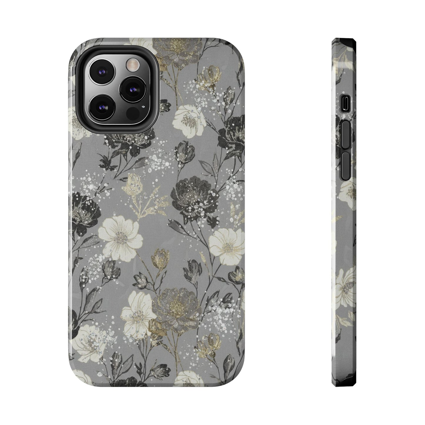 Floral Gray Tough Phone Case — Elegant Protective Phone Cover with Gold Accent