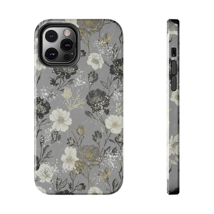 Floral Gray Tough Phone Case — Elegant Protective Phone Cover with Gold Accent