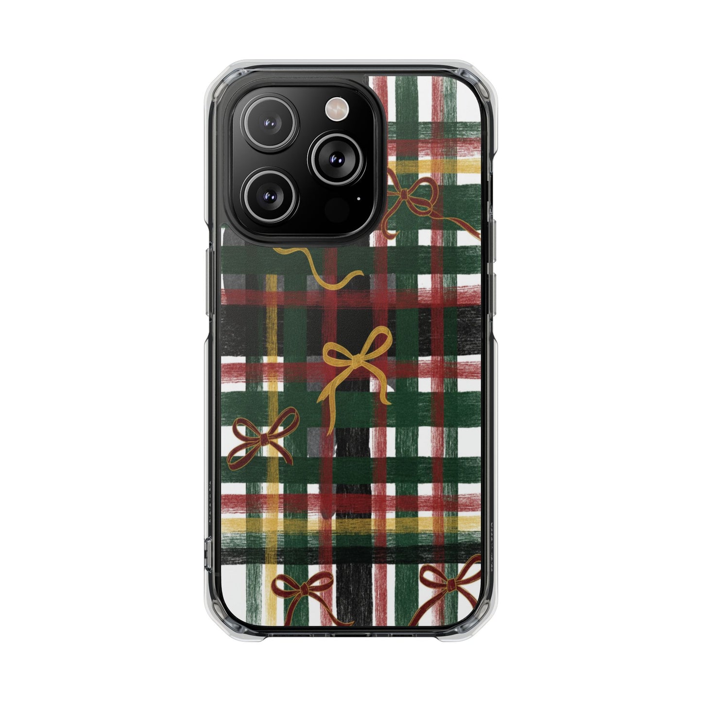 Phone Case - Festive Plaid with Gold Bows Clear Magnetic Impact Case