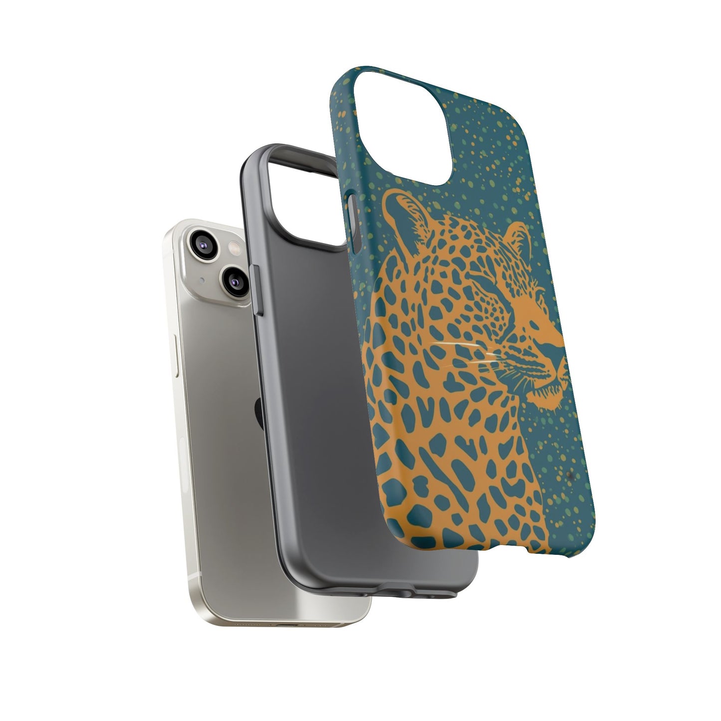 Leopard Print Tough Phone Case — Gold Panther on Teal, Protective iPhone Cover