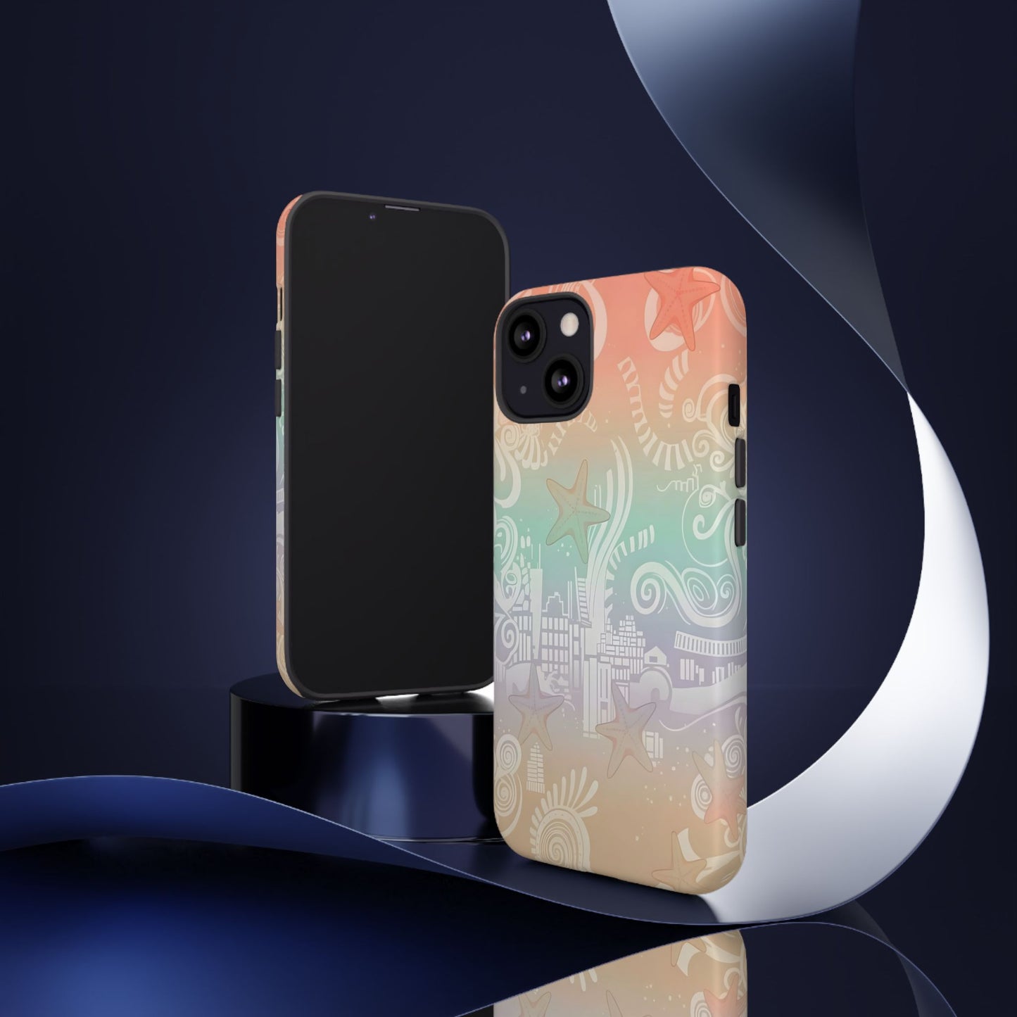 Tough Cases: Pastel Beach Pattern Phone Case — Starfish & Coastal Cityscape Protective Cover