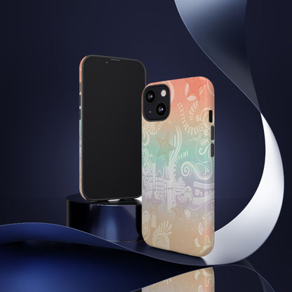 Tough Cases: Pastel Beach Pattern Phone Case — Starfish & Coastal Cityscape Protective Cover