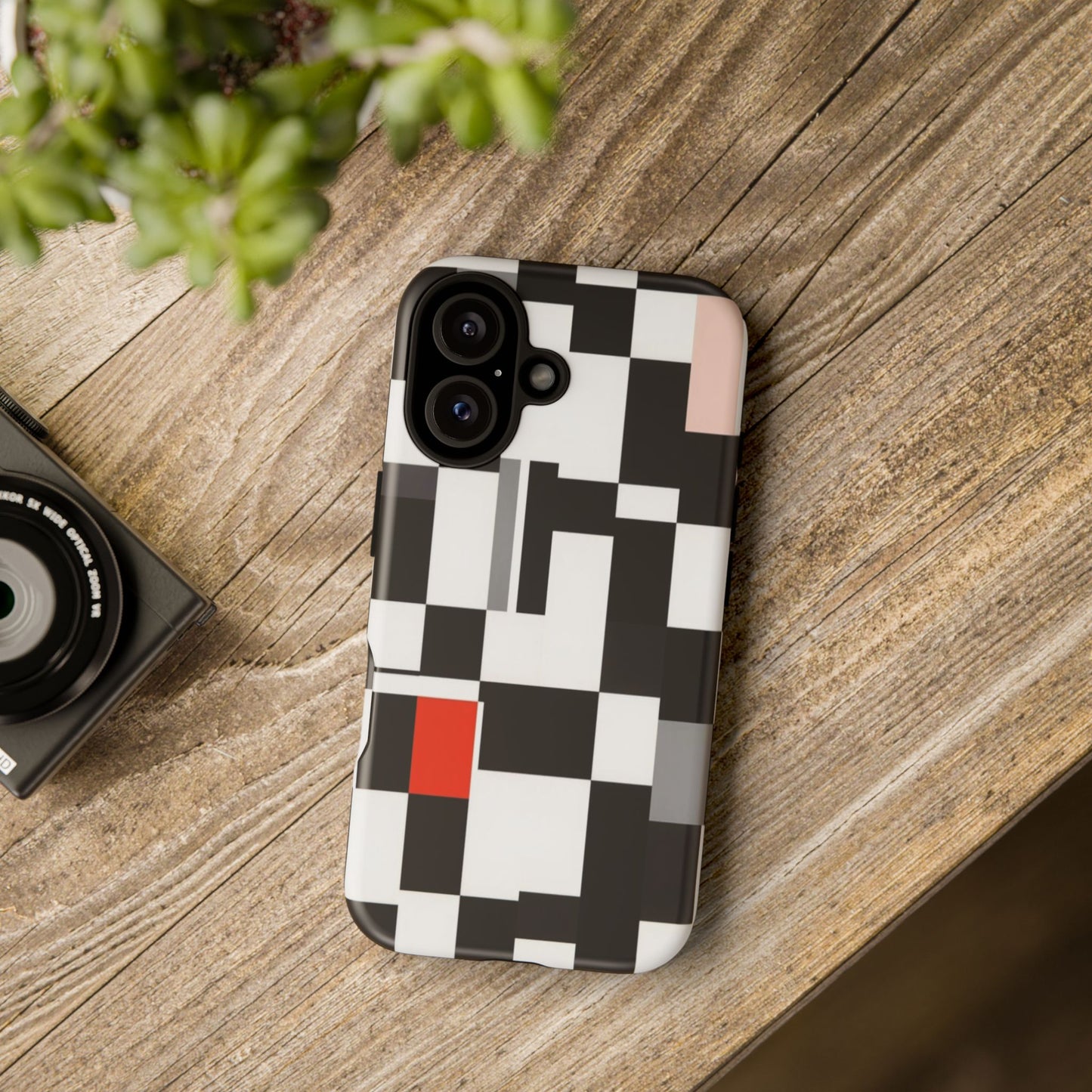 Abstract Geometric Phone Case – Black & White Checker Grid with Red Accent