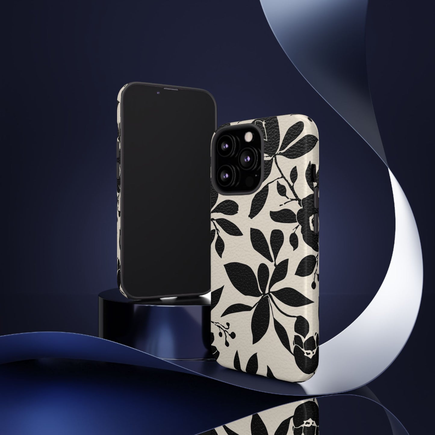 Black Floral Pattern Phone Case — Monochrome Botanical Tough Case