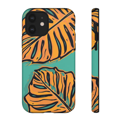 Tropical Leaf Tough Phone Case — Orange Monstera Design on Teal
