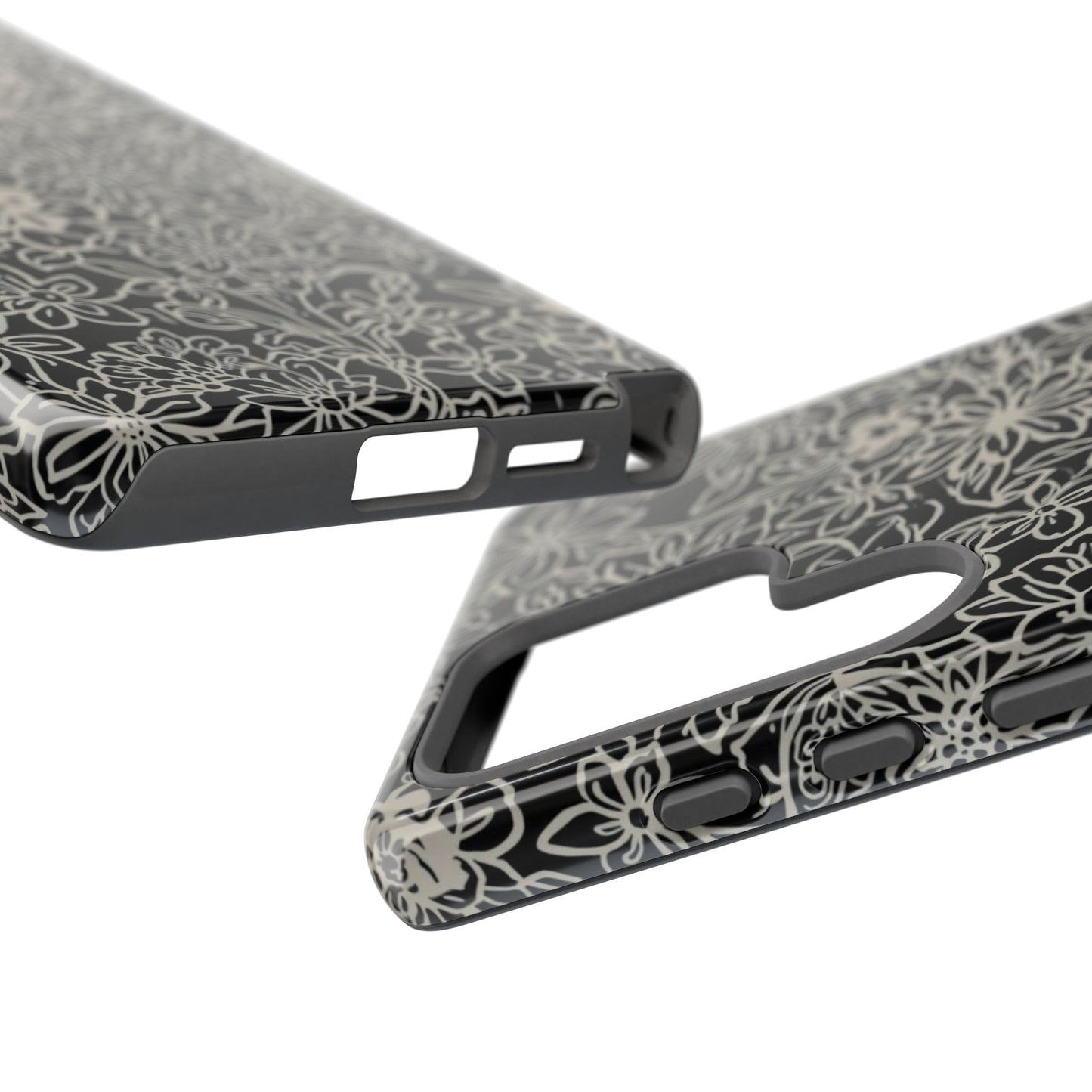 Floral Doodle Tough Phone Case — Black & White Sketch Flower Protective Cover