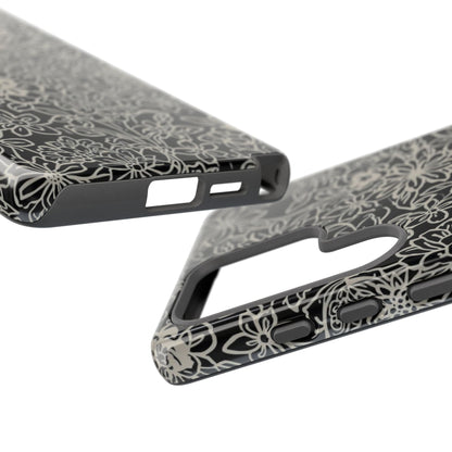Floral Doodle Tough Phone Case — Black & White Sketch Flower Protective Cover