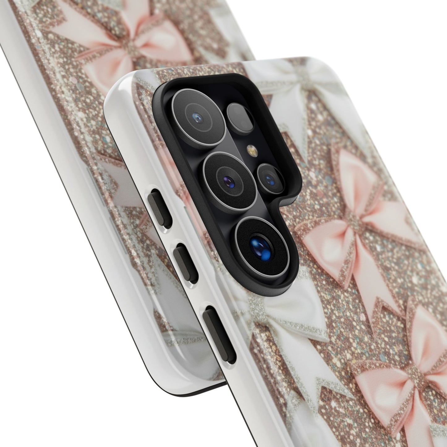 Glitter Bow Tough Phone Case — Pink & White Ribbon Protective Cover
