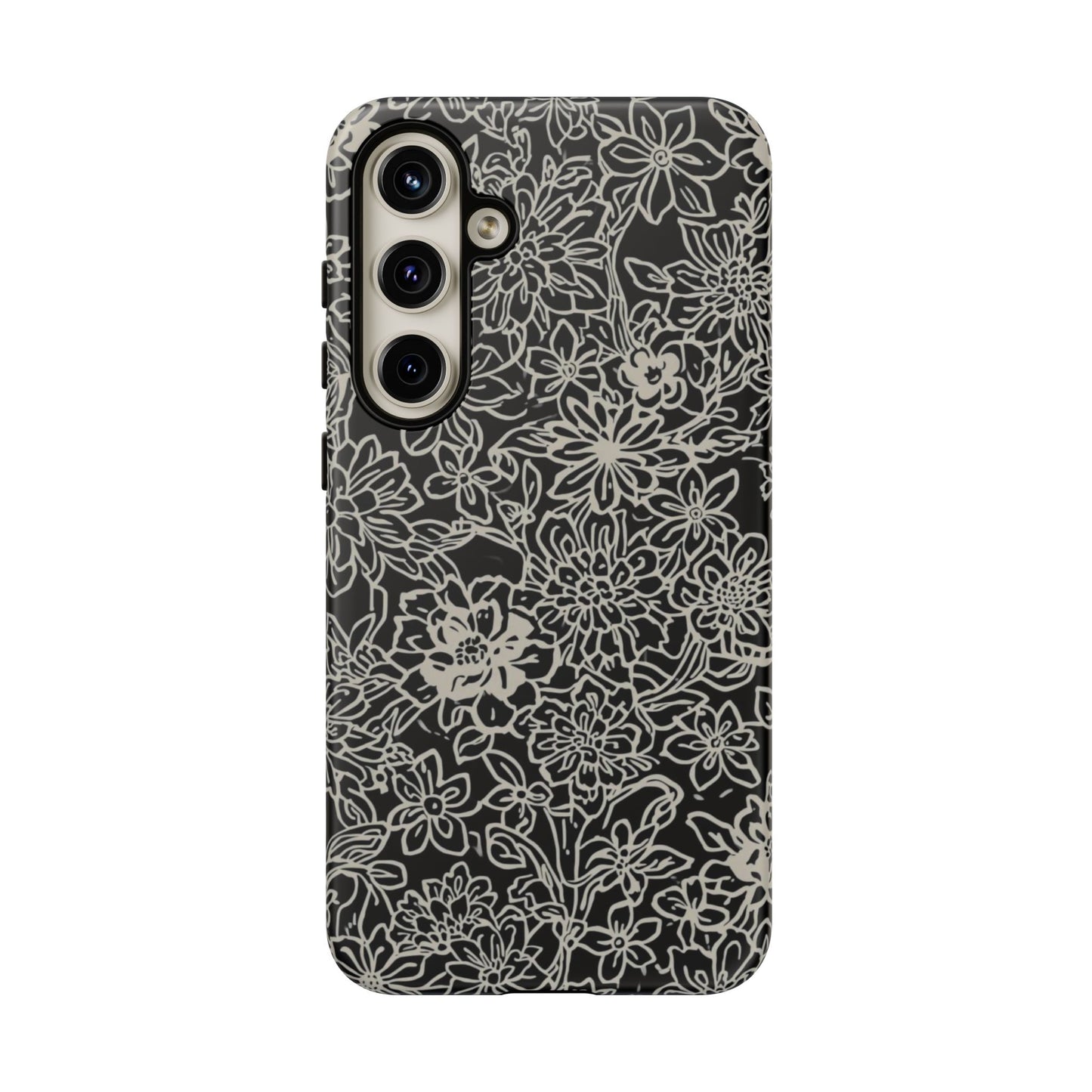 Floral Doodle Tough Phone Case — Black & White Sketch Flower Protective Cover