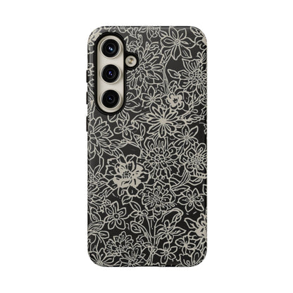 Floral Doodle Tough Phone Case — Black & White Sketch Flower Protective Cover