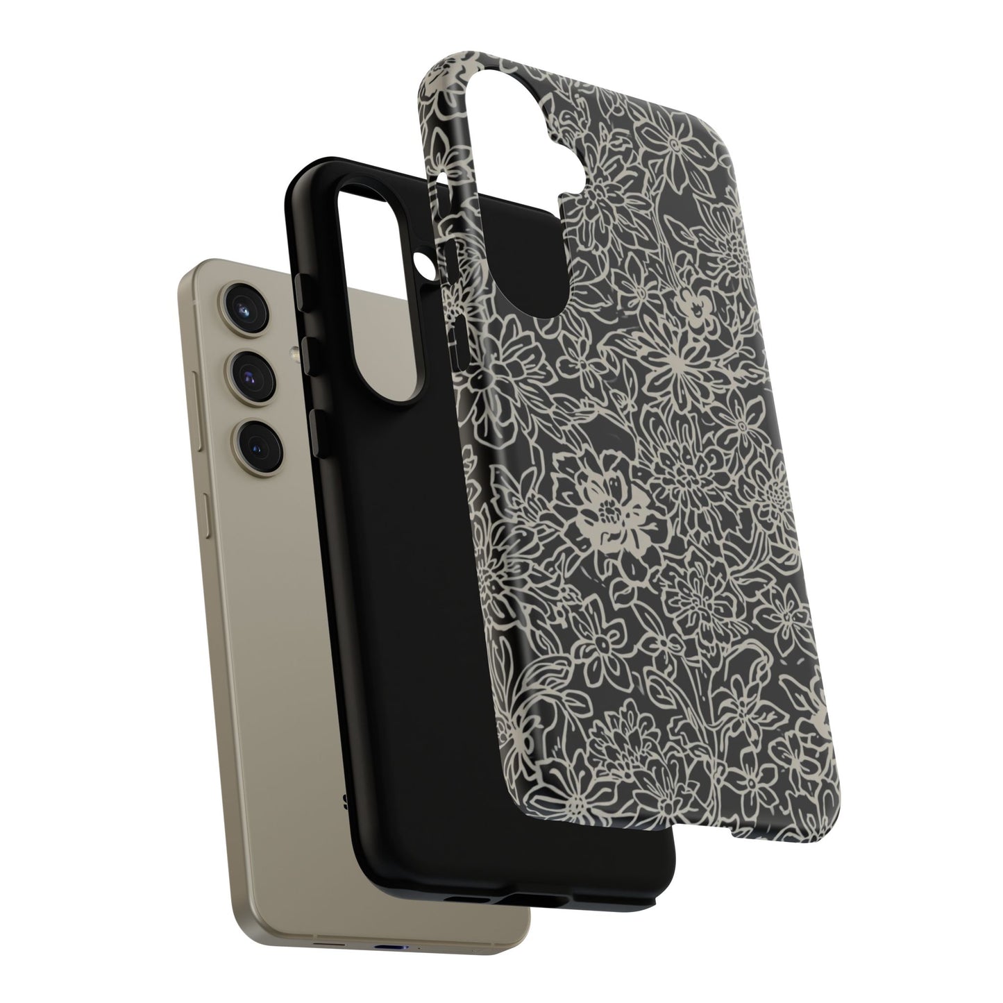 Floral Doodle Tough Phone Case — Black & White Sketch Flower Protective Cover