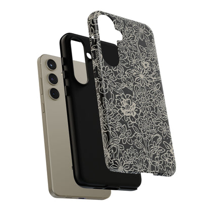 Floral Doodle Tough Phone Case — Black & White Sketch Flower Protective Cover