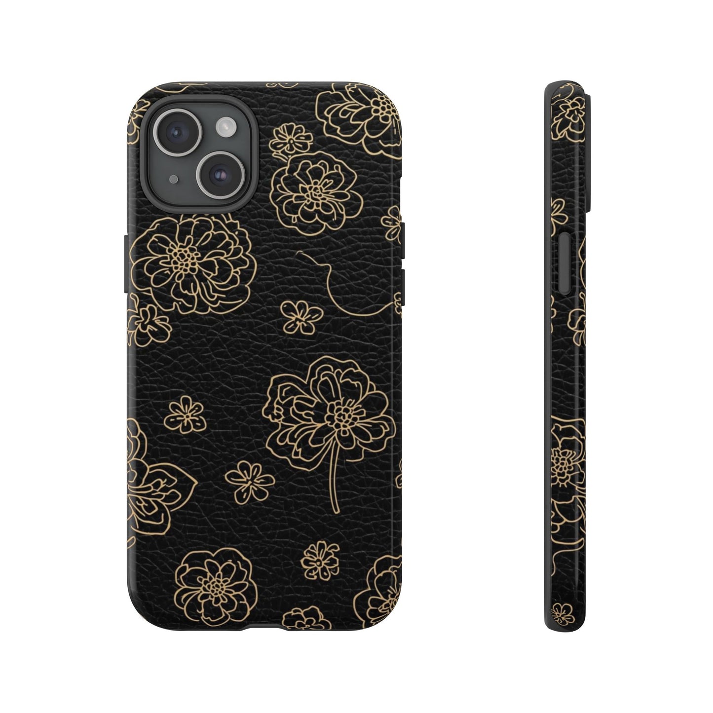 Floral Leather-Texture Tough Case – Black Gold Outline Phone Cover
