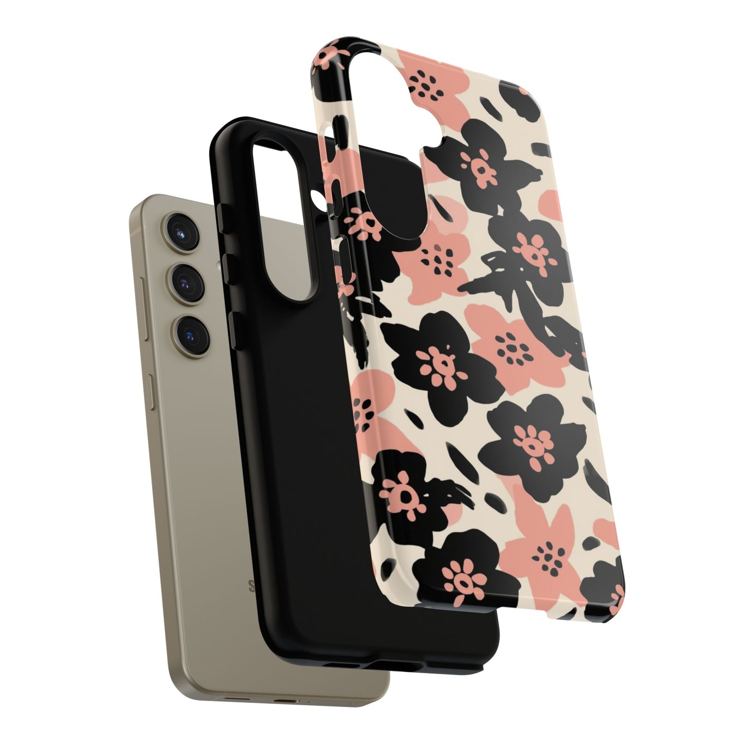 Floral Phone Case — Pink & Black Retro Blossom Protective Cover