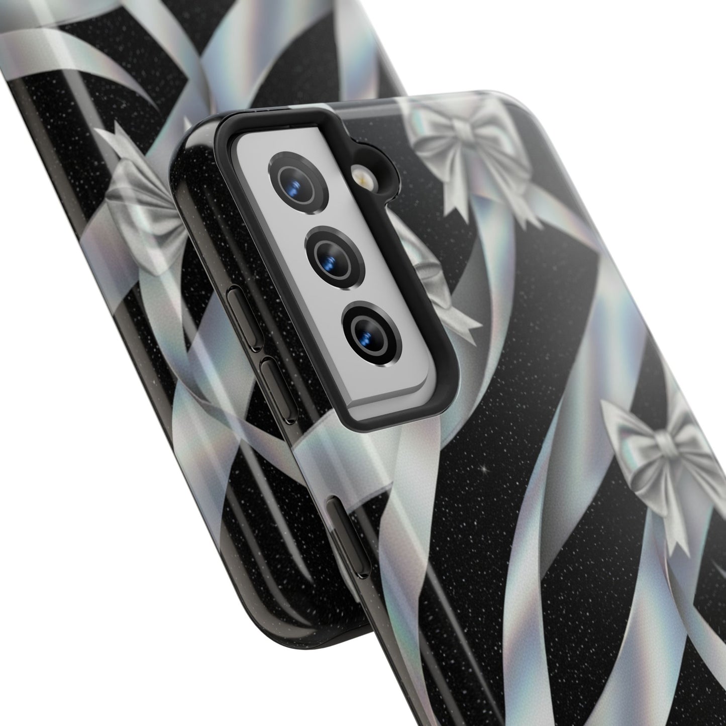 Silver Ribbon Bow Tough Phone Case — Glitter Black Protective Phone Case