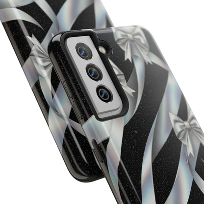 Silver Ribbon Bow Tough Phone Case — Glitter Black Protective Phone Case