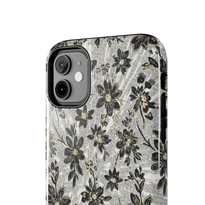 Floral Vintage Tough Phone Case — Black & Gray Rustic Flower Protective Case