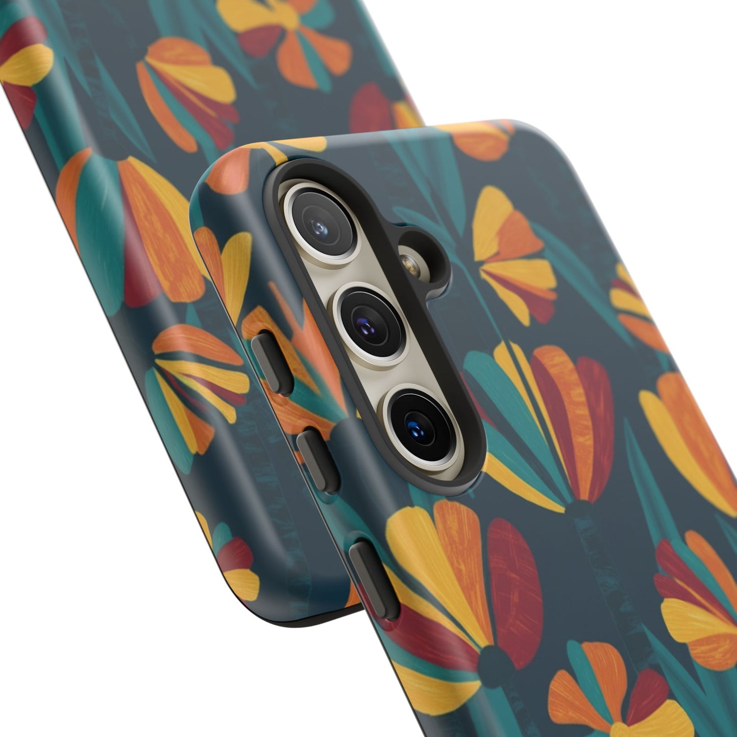 Floral Retro Teal Tough Phone Case — Vibrant Orange & Mustard Blooms