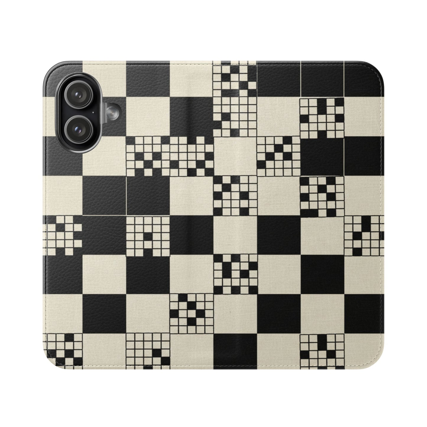 Checkerboard Flip Phone Case – Retro Black & Cream Geometric Wallet Case