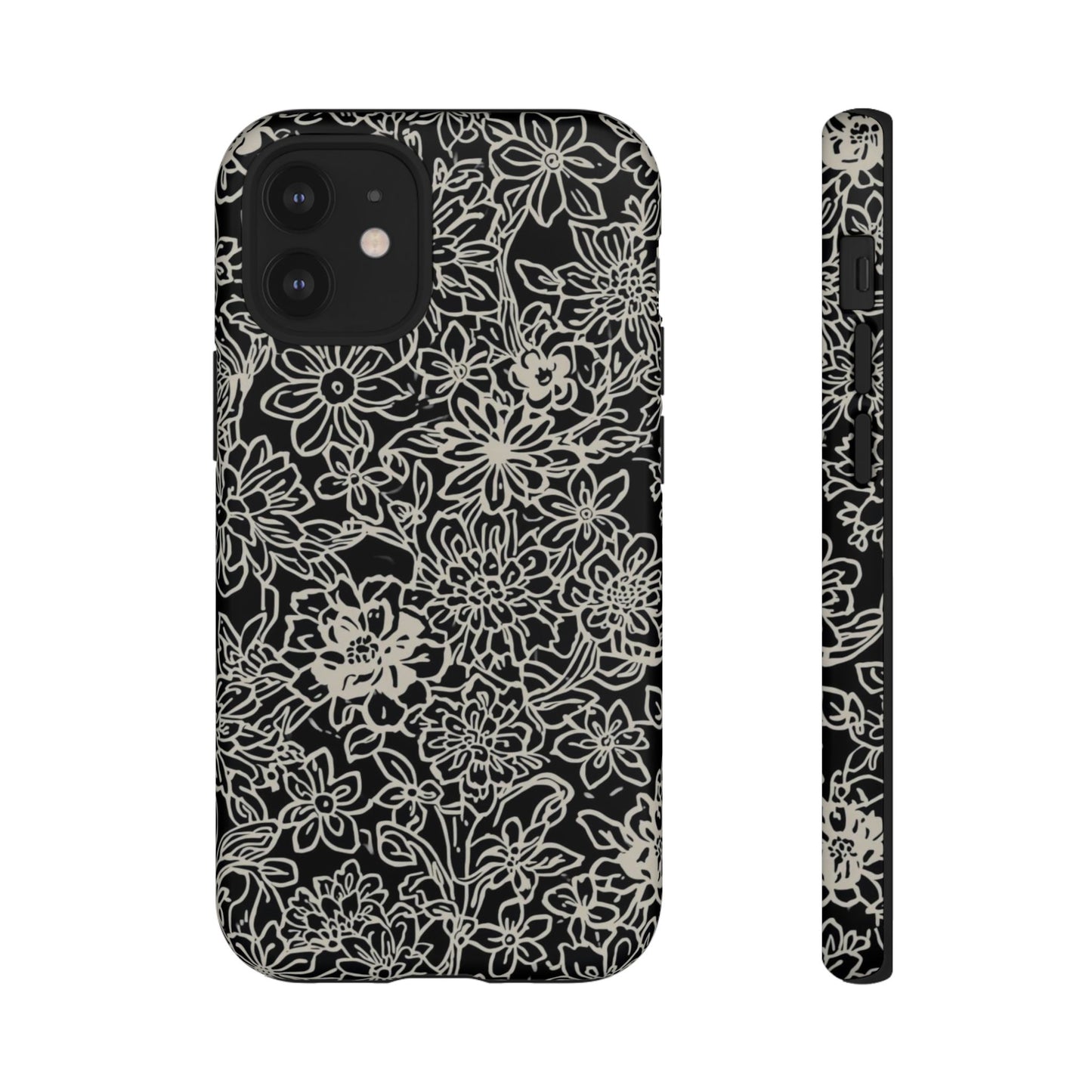 Floral Doodle Tough Phone Case — Black & White Sketch Flower Protective Cover