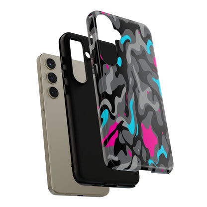 Camouflage Phone Case — Gray Camo with Neon Pink & Cyan Accent Tough Protective Cover