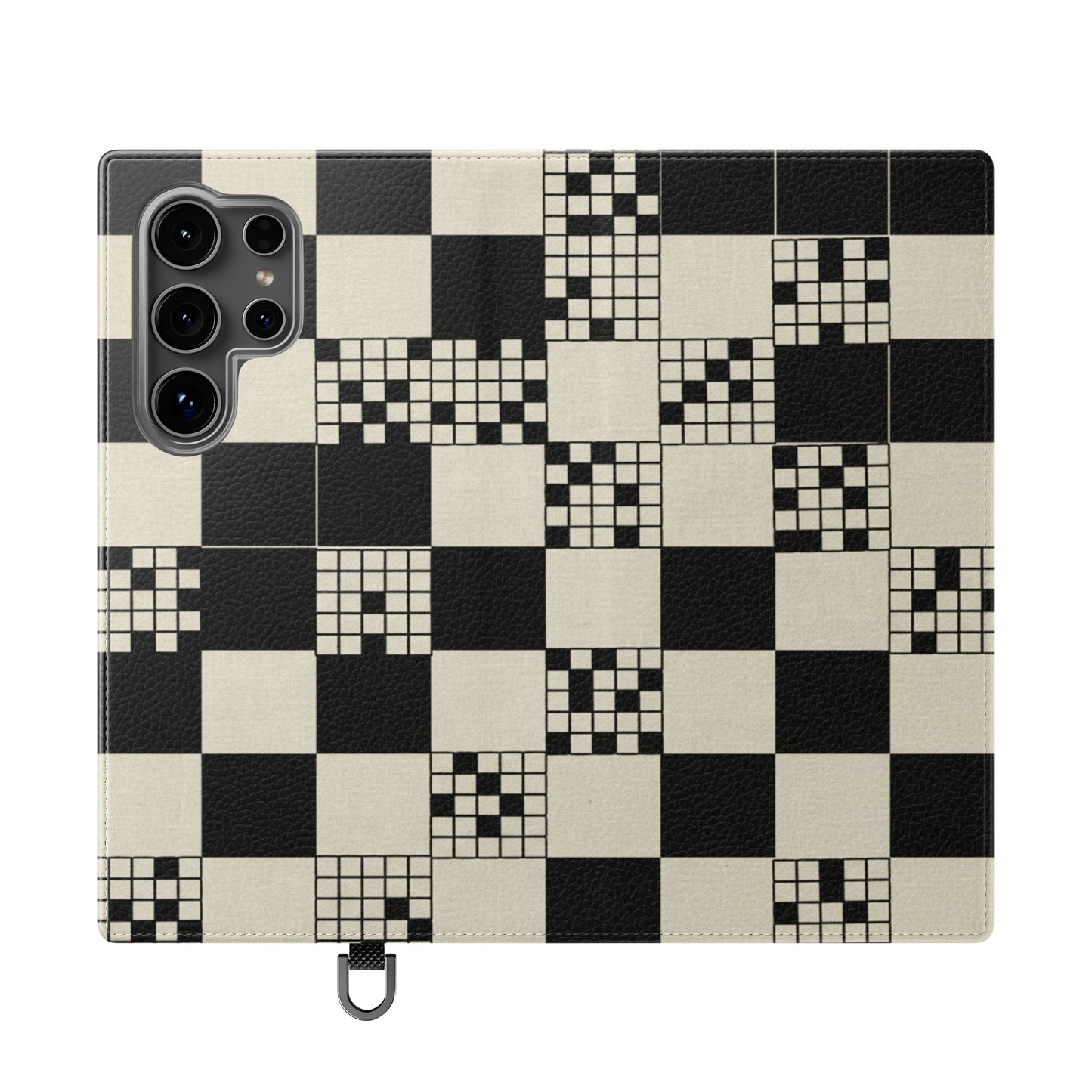 Checkerboard Flip Phone Case – Retro Black & Cream Geometric Wallet Case