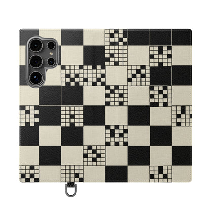 Checkerboard Flip Phone Case – Retro Black & Cream Geometric Wallet Case