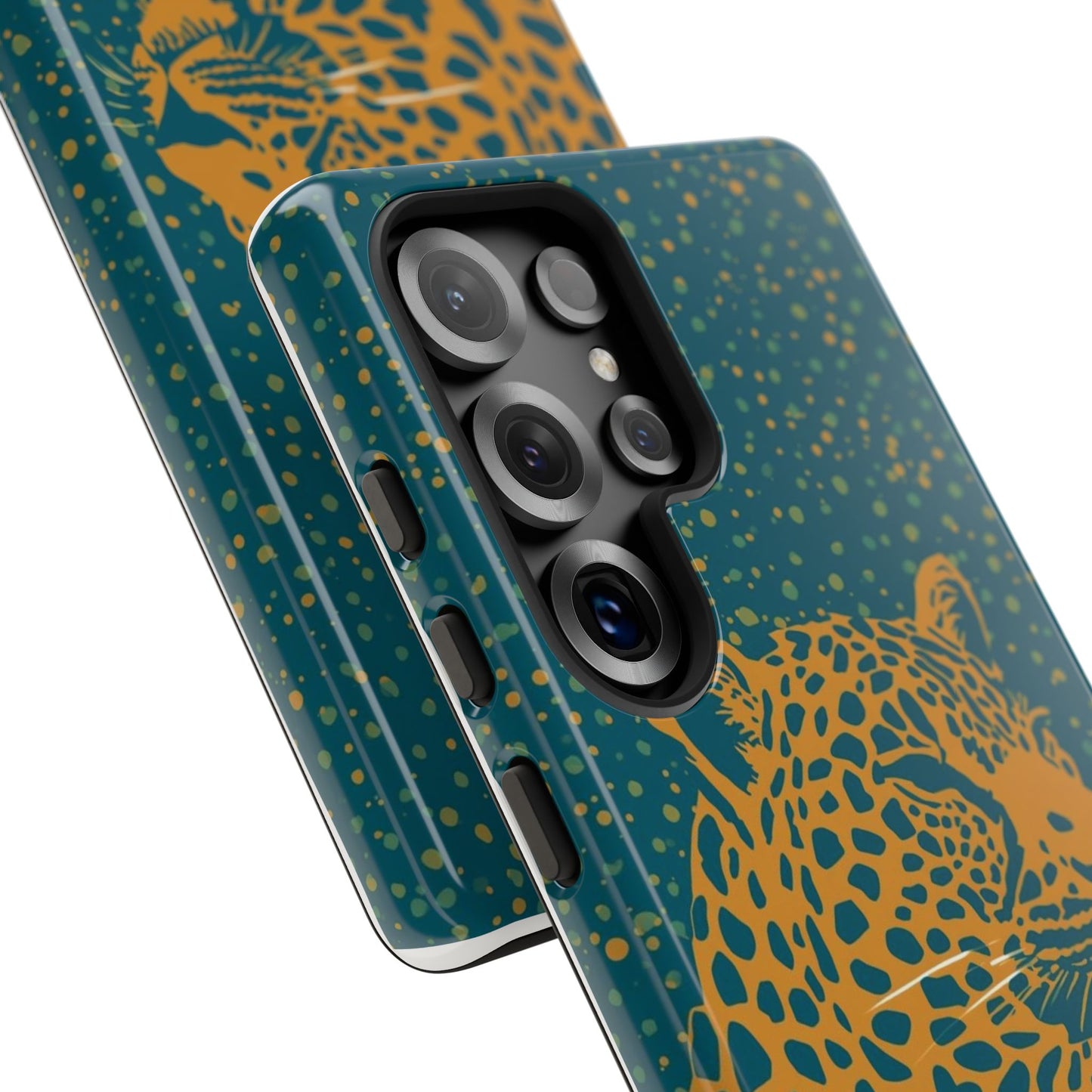 Leopard Spotlight Phone Case — Teal Gold Animal Print Protective Cover