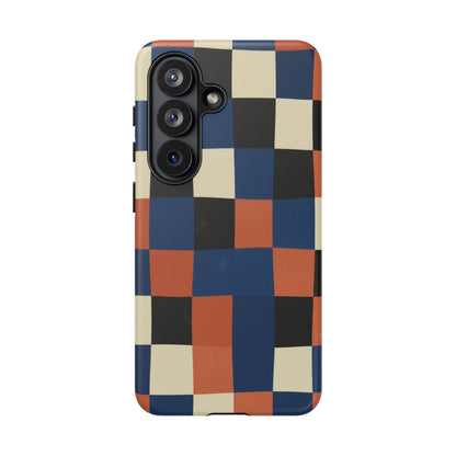 Retro Checker Phone Case — Blue, Orange & Cream Geometric Tough Case